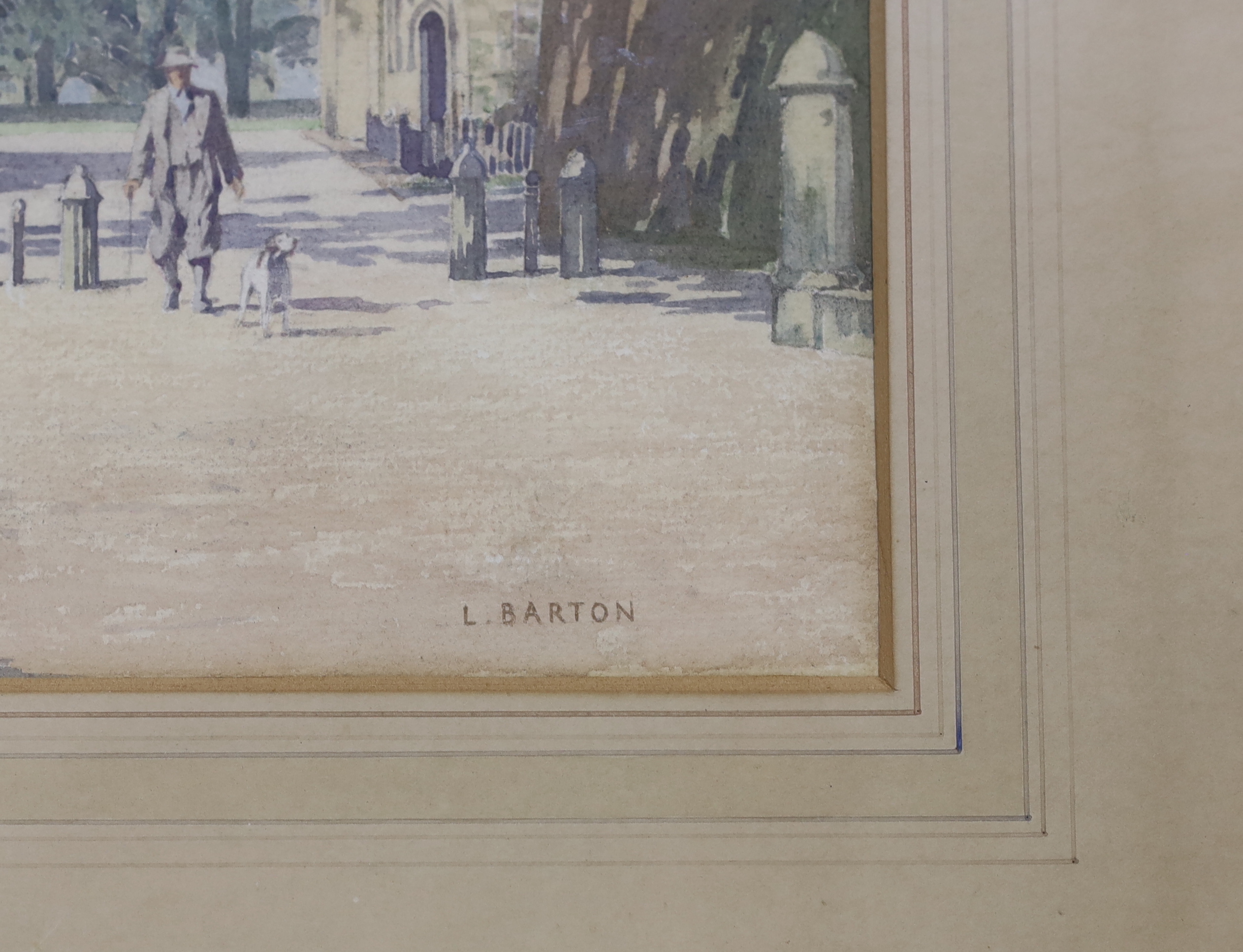 Leonard Barton (1893-1971), watercolour, Street scene with figure and dog, signed, 26 x 37cm